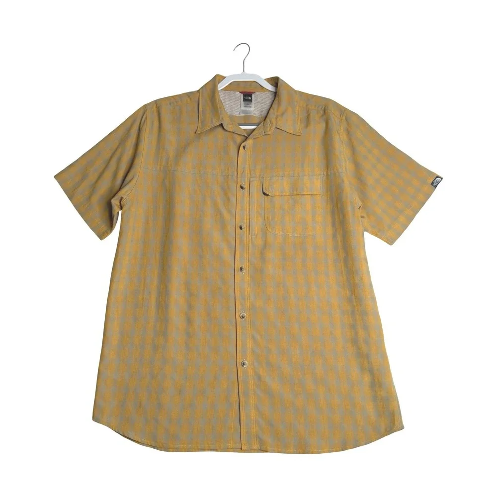 The North Face AH6S Short Sleeve Gingham Hiking Shirt Yellow Gray Men's Large